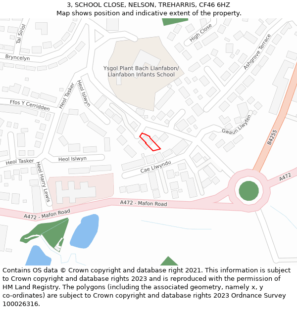 3, SCHOOL CLOSE, NELSON, TREHARRIS, CF46 6HZ: Location map and indicative extent of plot
