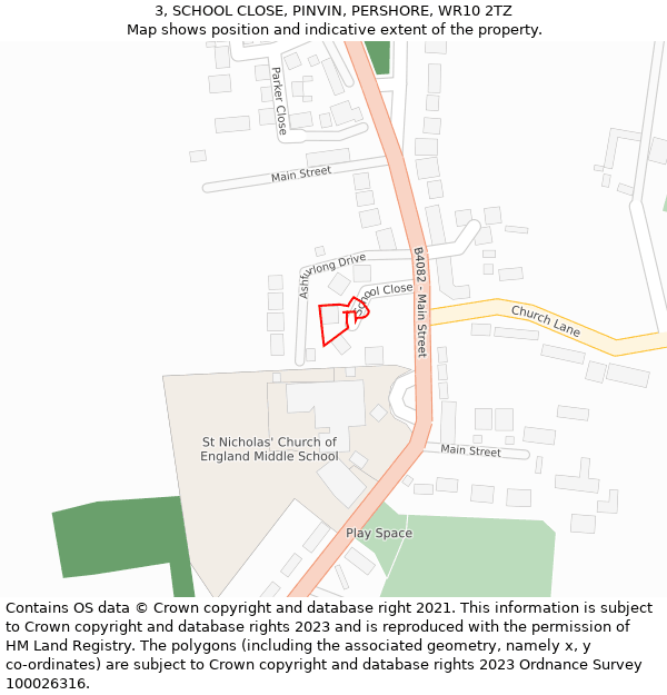 3, SCHOOL CLOSE, PINVIN, PERSHORE, WR10 2TZ: Location map and indicative extent of plot