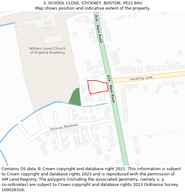 3, SCHOOL CLOSE, STICKNEY, BOSTON, PE22 8AU: Location map and indicative extent of plot