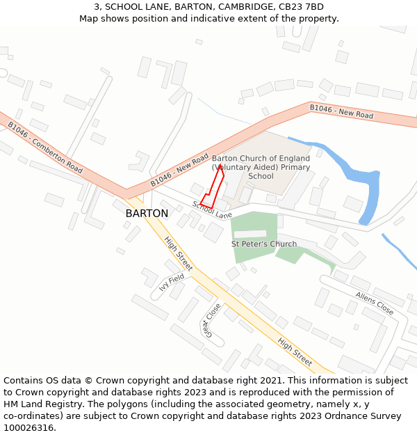 3, SCHOOL LANE, BARTON, CAMBRIDGE, CB23 7BD: Location map and indicative extent of plot