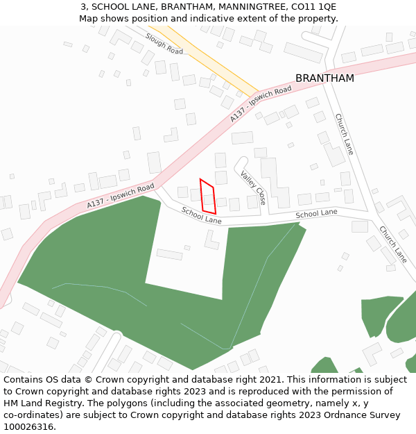 3, SCHOOL LANE, BRANTHAM, MANNINGTREE, CO11 1QE: Location map and indicative extent of plot