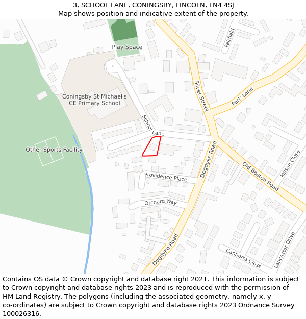 3, SCHOOL LANE, CONINGSBY, LINCOLN, LN4 4SJ: Location map and indicative extent of plot