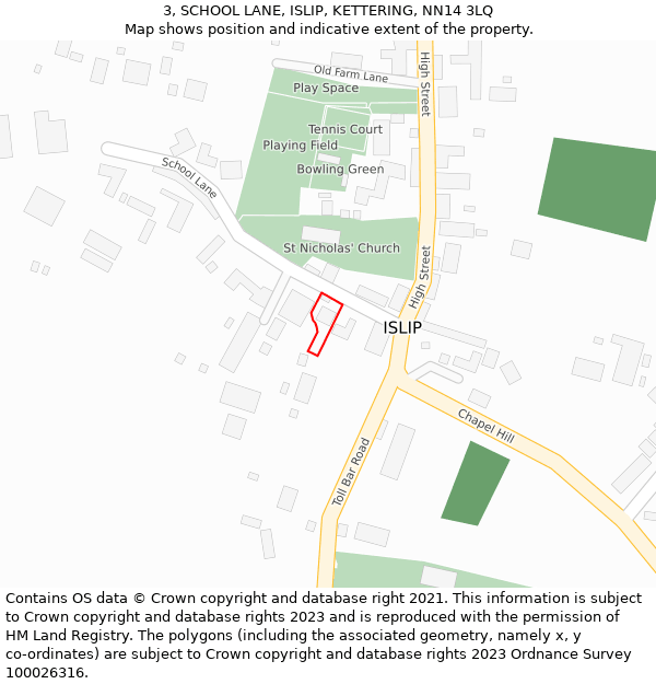 3, SCHOOL LANE, ISLIP, KETTERING, NN14 3LQ: Location map and indicative extent of plot