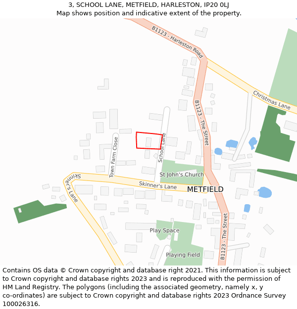 3, SCHOOL LANE, METFIELD, HARLESTON, IP20 0LJ: Location map and indicative extent of plot