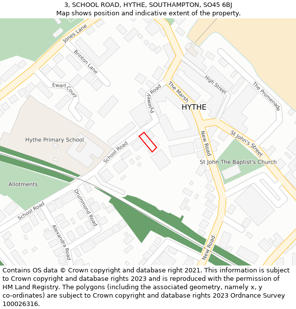 3, SCHOOL ROAD, HYTHE, SOUTHAMPTON, SO45 6BJ: Location map and indicative extent of plot