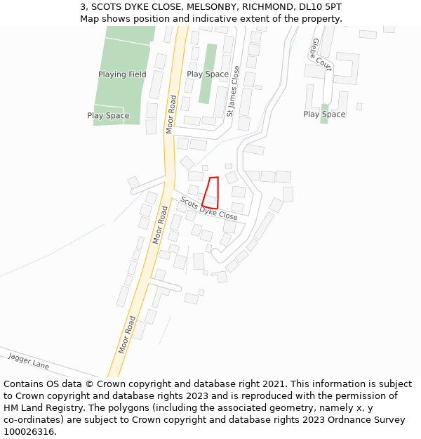 3, SCOTS DYKE CLOSE, MELSONBY, RICHMOND, DL10 5PT: Location map and indicative extent of plot