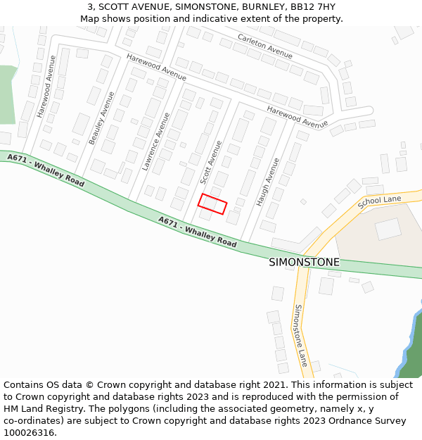 3, SCOTT AVENUE, SIMONSTONE, BURNLEY, BB12 7HY: Location map and indicative extent of plot