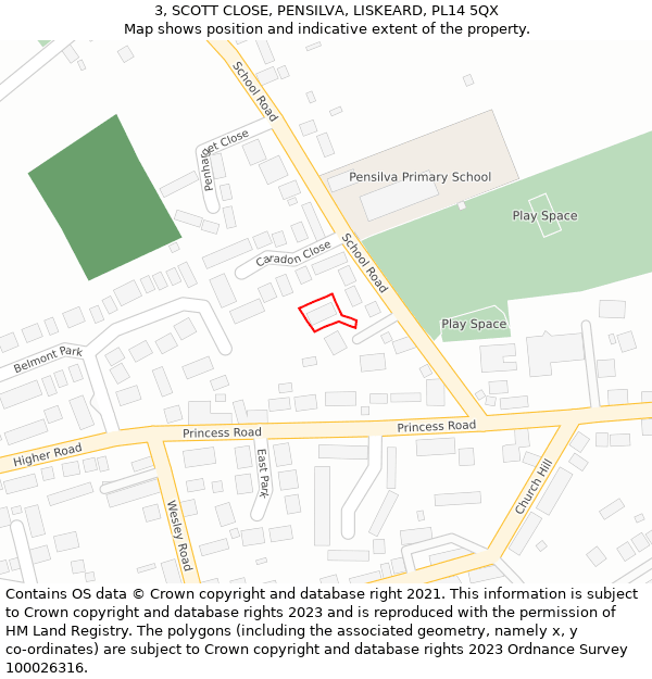 3, SCOTT CLOSE, PENSILVA, LISKEARD, PL14 5QX: Location map and indicative extent of plot