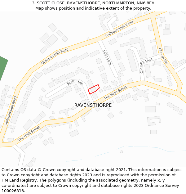 3, SCOTT CLOSE, RAVENSTHORPE, NORTHAMPTON, NN6 8EA: Location map and indicative extent of plot