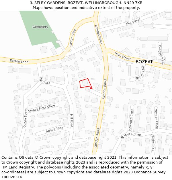 3, SELBY GARDENS, BOZEAT, WELLINGBOROUGH, NN29 7XB: Location map and indicative extent of plot