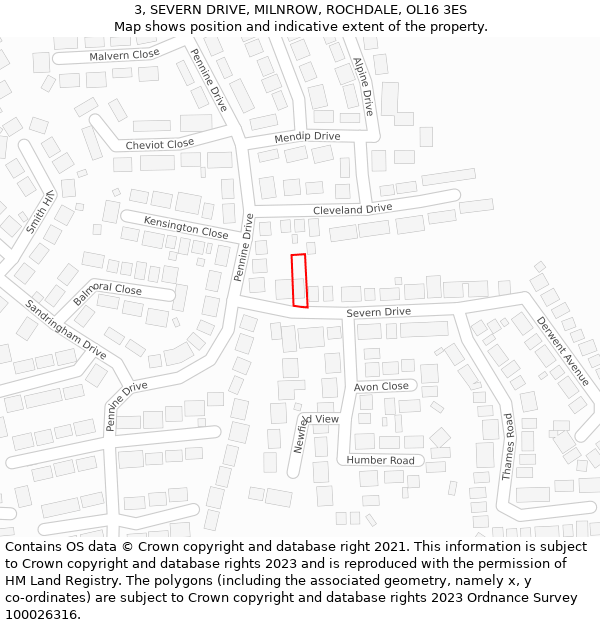 3, SEVERN DRIVE, MILNROW, ROCHDALE, OL16 3ES: Location map and indicative extent of plot