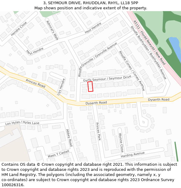 3, SEYMOUR DRIVE, RHUDDLAN, RHYL, LL18 5PP: Location map and indicative extent of plot