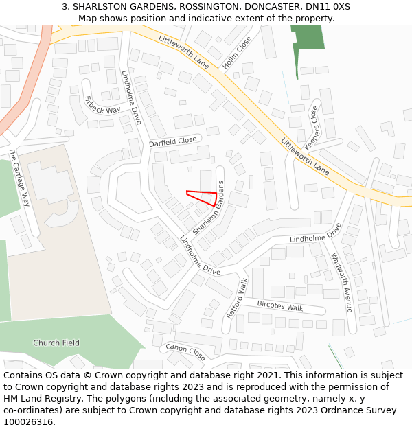 3, SHARLSTON GARDENS, ROSSINGTON, DONCASTER, DN11 0XS: Location map and indicative extent of plot