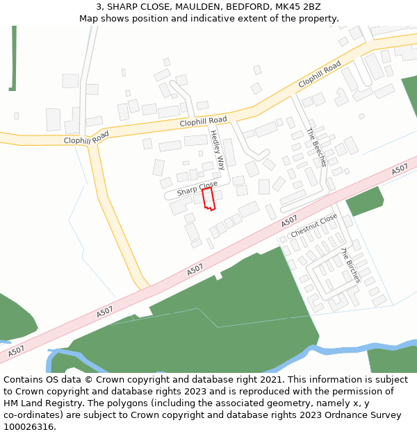 3, SHARP CLOSE, MAULDEN, BEDFORD, MK45 2BZ: Location map and indicative extent of plot