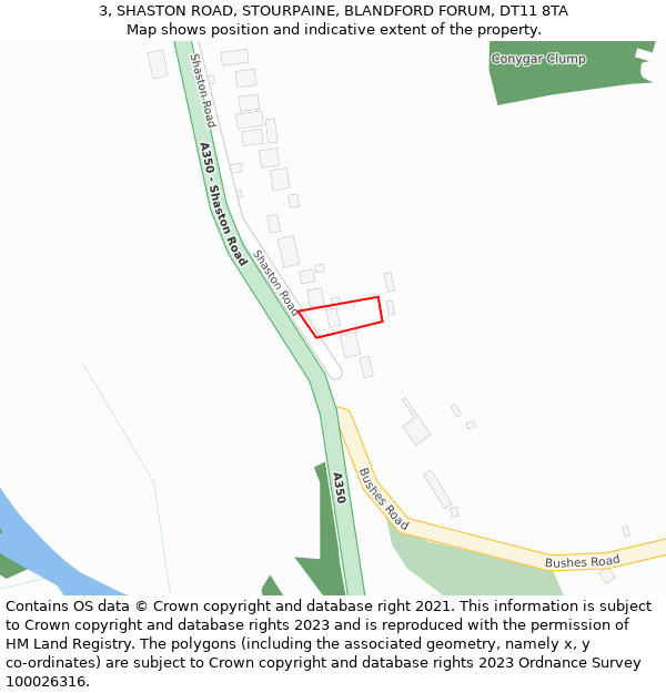 3, SHASTON ROAD, STOURPAINE, BLANDFORD FORUM, DT11 8TA: Location map and indicative extent of plot
