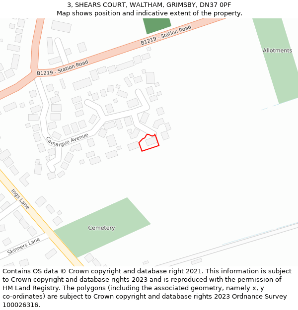 3, SHEARS COURT, WALTHAM, GRIMSBY, DN37 0PF: Location map and indicative extent of plot