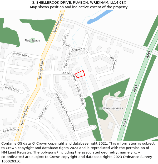 3, SHELLBROOK DRIVE, RUABON, WREXHAM, LL14 6BX: Location map and indicative extent of plot