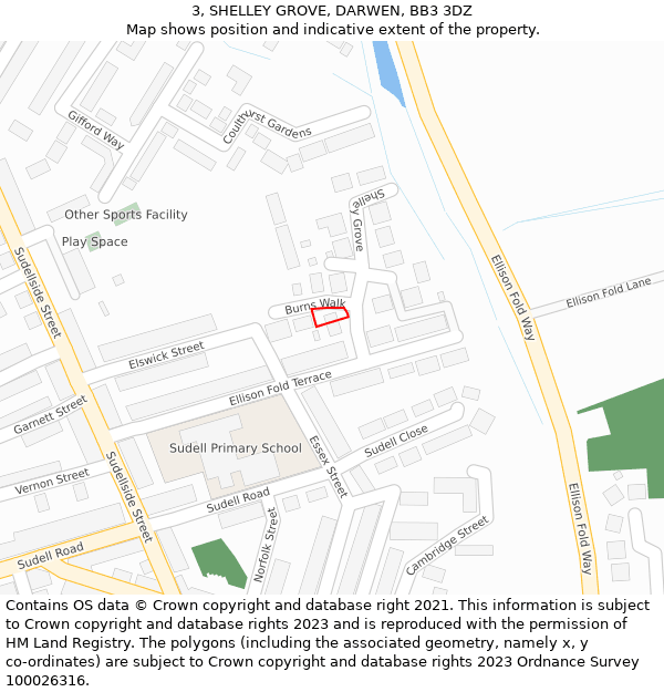 3, SHELLEY GROVE, DARWEN, BB3 3DZ: Location map and indicative extent of plot