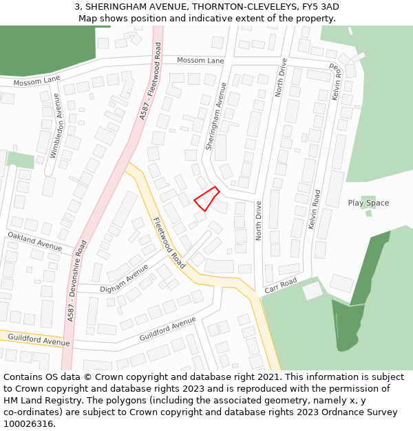 3, SHERINGHAM AVENUE, THORNTON-CLEVELEYS, FY5 3AD: Location map and indicative extent of plot