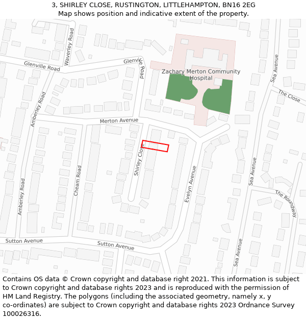 3, SHIRLEY CLOSE, RUSTINGTON, LITTLEHAMPTON, BN16 2EG: Location map and indicative extent of plot