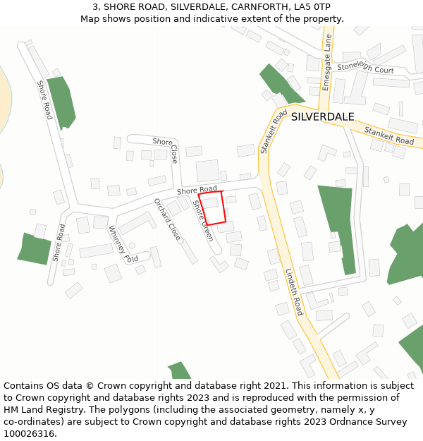 3, SHORE ROAD, SILVERDALE, CARNFORTH, LA5 0TP: Location map and indicative extent of plot