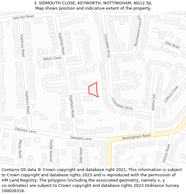 3, SIDMOUTH CLOSE, KEYWORTH, NOTTINGHAM, NG12 5JL: Location map and indicative extent of plot