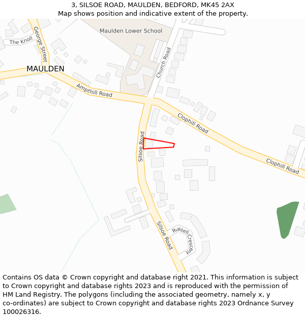 3, SILSOE ROAD, MAULDEN, BEDFORD, MK45 2AX: Location map and indicative extent of plot