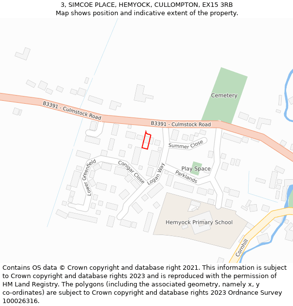 3, SIMCOE PLACE, HEMYOCK, CULLOMPTON, EX15 3RB: Location map and indicative extent of plot