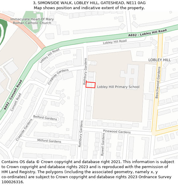 3, SIMONSIDE WALK, LOBLEY HILL, GATESHEAD, NE11 0AG: Location map and indicative extent of plot