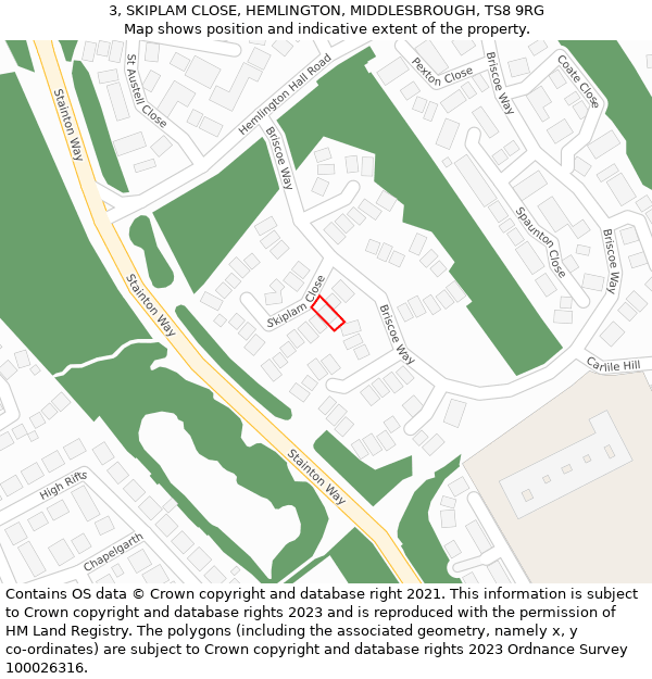 3, SKIPLAM CLOSE, HEMLINGTON, MIDDLESBROUGH, TS8 9RG: Location map and indicative extent of plot