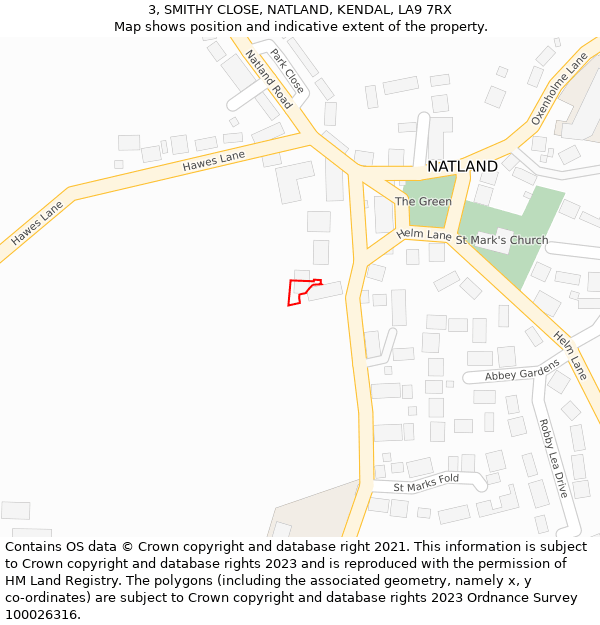 3, SMITHY CLOSE, NATLAND, KENDAL, LA9 7RX: Location map and indicative extent of plot