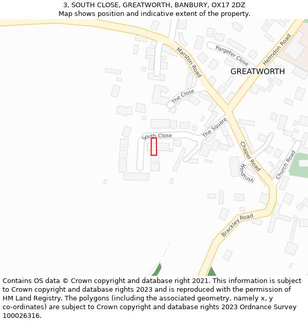 3, SOUTH CLOSE, GREATWORTH, BANBURY, OX17 2DZ: Location map and indicative extent of plot