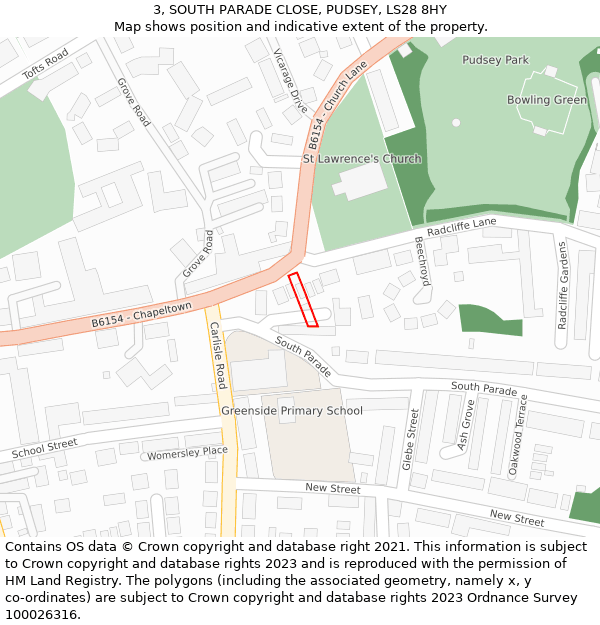 3, SOUTH PARADE CLOSE, PUDSEY, LS28 8HY: Location map and indicative extent of plot