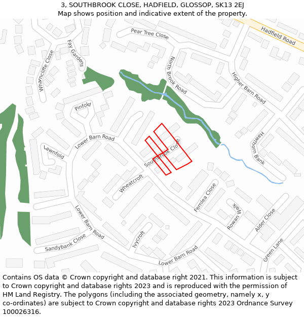 3, SOUTHBROOK CLOSE, HADFIELD, GLOSSOP, SK13 2EJ: Location map and indicative extent of plot