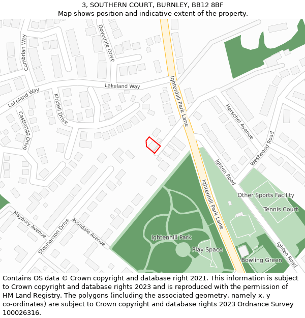 3, SOUTHERN COURT, BURNLEY, BB12 8BF: Location map and indicative extent of plot