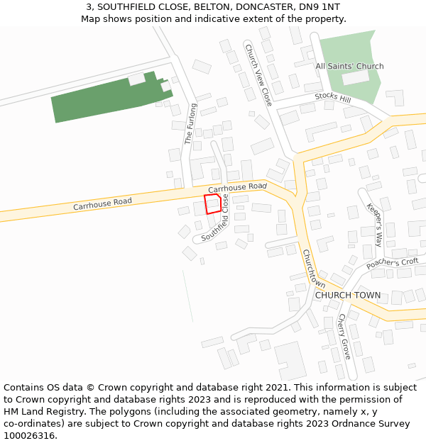 3, SOUTHFIELD CLOSE, BELTON, DONCASTER, DN9 1NT: Location map and indicative extent of plot