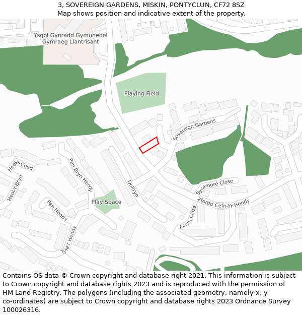 3, SOVEREIGN GARDENS, MISKIN, PONTYCLUN, CF72 8SZ: Location map and indicative extent of plot