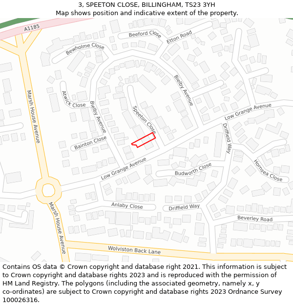 3, SPEETON CLOSE, BILLINGHAM, TS23 3YH: Location map and indicative extent of plot