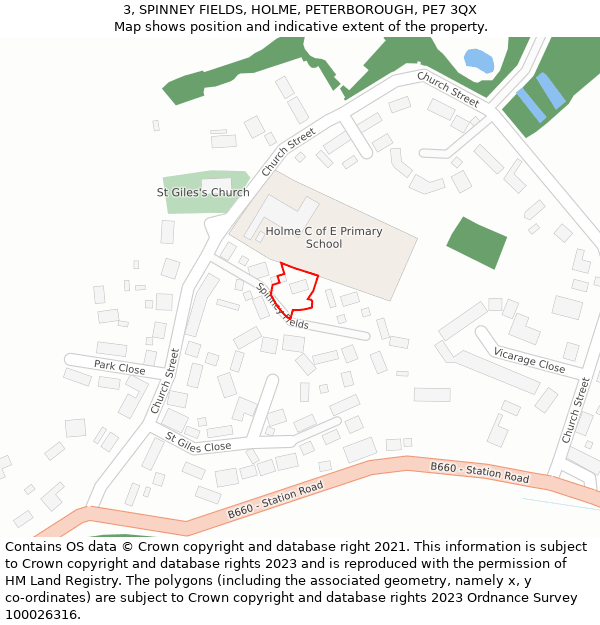 3, SPINNEY FIELDS, HOLME, PETERBOROUGH, PE7 3QX: Location map and indicative extent of plot