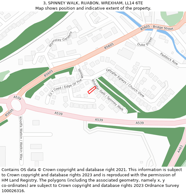 3, SPINNEY WALK, RUABON, WREXHAM, LL14 6TE: Location map and indicative extent of plot