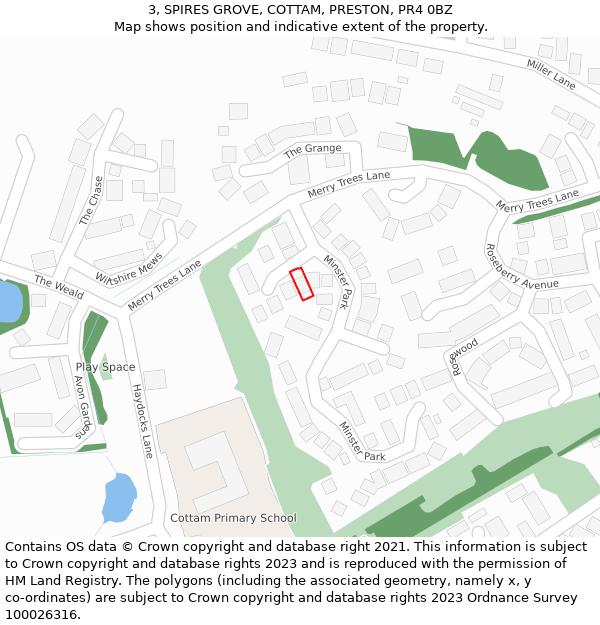 3, SPIRES GROVE, COTTAM, PRESTON, PR4 0BZ: Location map and indicative extent of plot