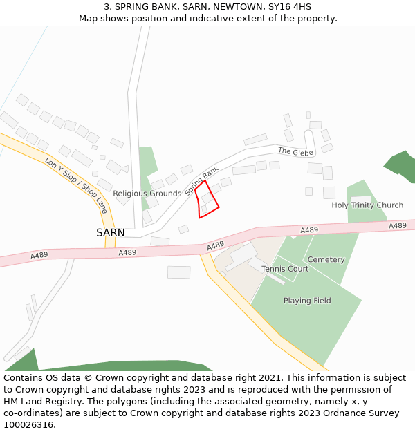 3, SPRING BANK, SARN, NEWTOWN, SY16 4HS: Location map and indicative extent of plot