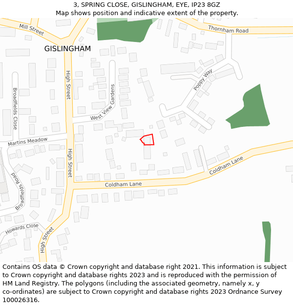 3, SPRING CLOSE, GISLINGHAM, EYE, IP23 8GZ: Location map and indicative extent of plot