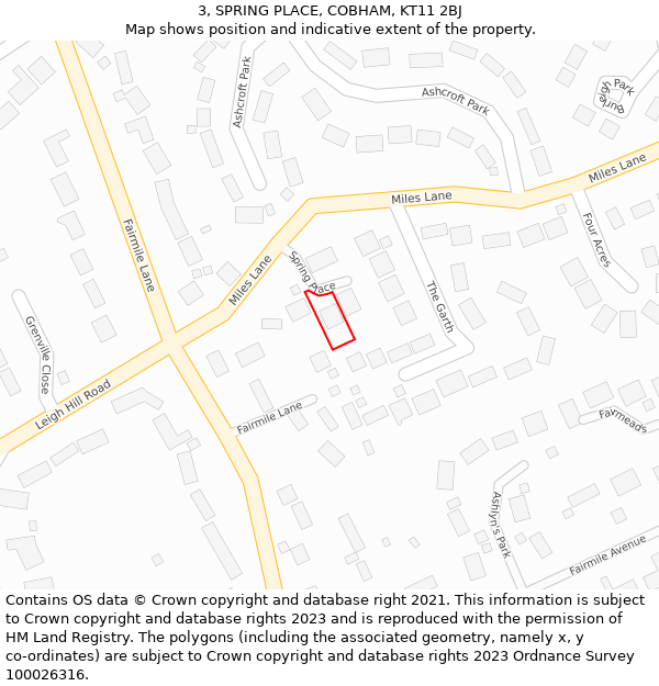 3, SPRING PLACE, COBHAM, KT11 2BJ: Location map and indicative extent of plot