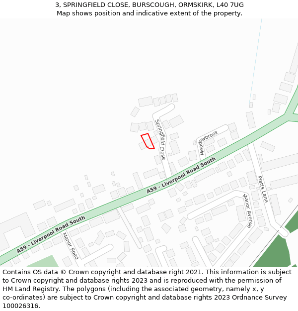 3, SPRINGFIELD CLOSE, BURSCOUGH, ORMSKIRK, L40 7UG: Location map and indicative extent of plot