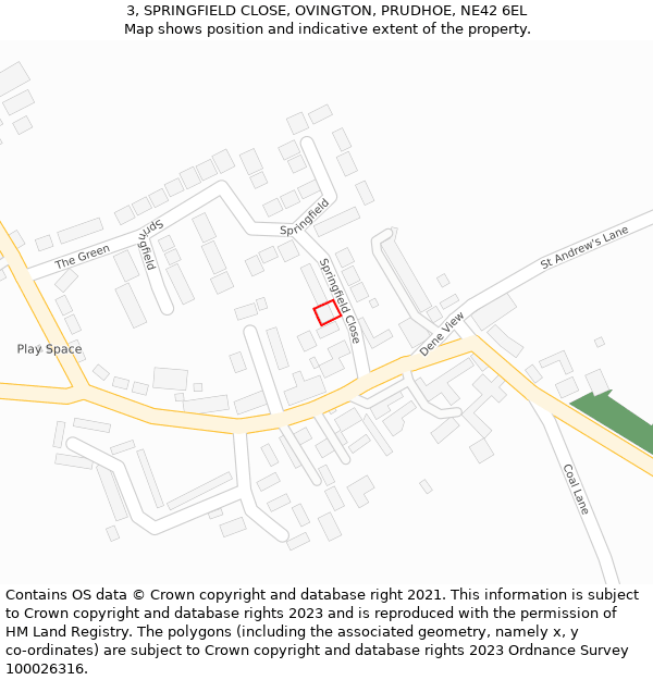 3, SPRINGFIELD CLOSE, OVINGTON, PRUDHOE, NE42 6EL: Location map and indicative extent of plot