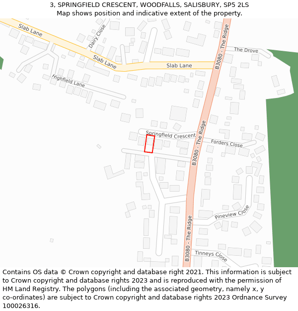 3, SPRINGFIELD CRESCENT, WOODFALLS, SALISBURY, SP5 2LS: Location map and indicative extent of plot