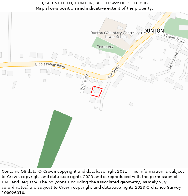 3, SPRINGFIELD, DUNTON, BIGGLESWADE, SG18 8RG: Location map and indicative extent of plot