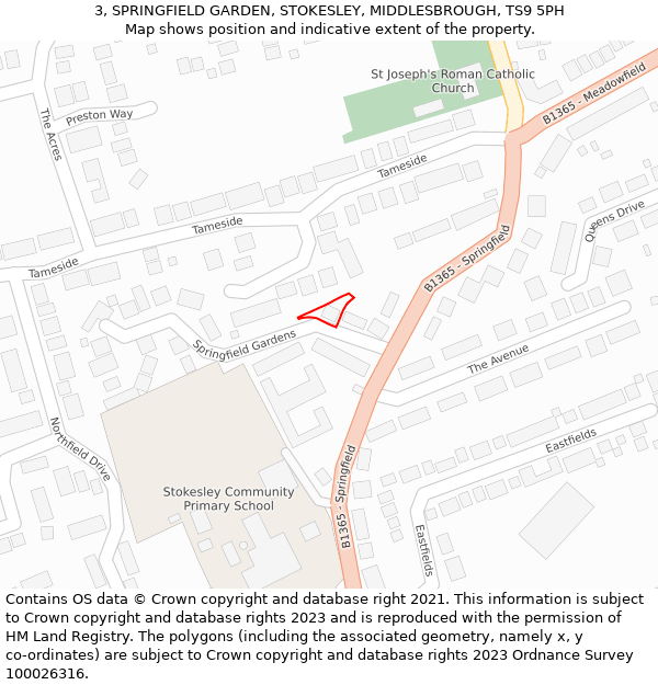 3, SPRINGFIELD GARDEN, STOKESLEY, MIDDLESBROUGH, TS9 5PH: Location map and indicative extent of plot