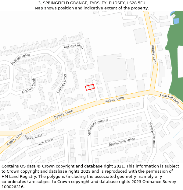 3, SPRINGFIELD GRANGE, FARSLEY, PUDSEY, LS28 5FU: Location map and indicative extent of plot